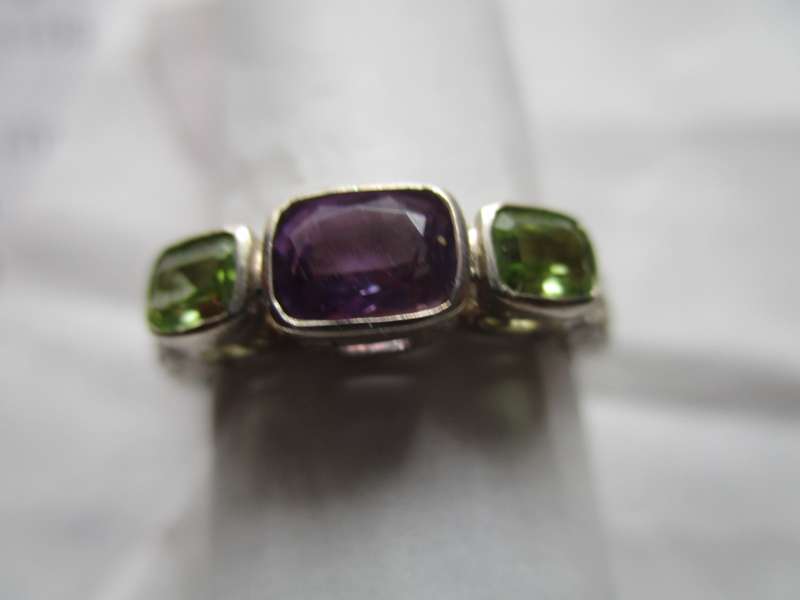 Genuine Amethyst and Peridots in Sterling Silver Ring