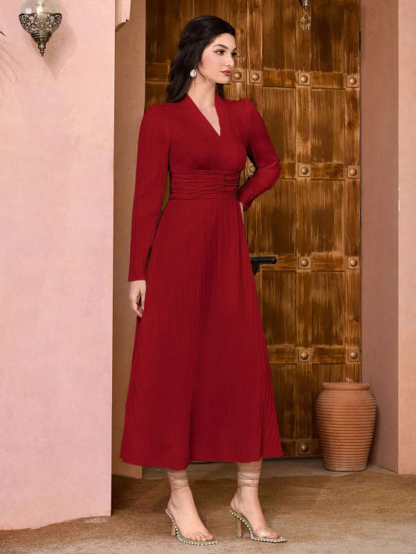 Ankle Length Long Sleeve Ruched Dress Burgundy Red - Small