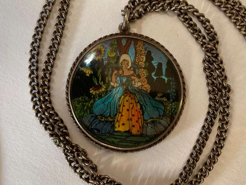 Antique Sterling Silver Butterfly Wing Crinoline Lady Portrait Pendant