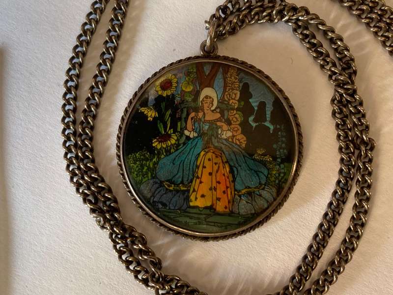 Antique Sterling Silver Butterfly Wing Crinoline Lady Portrait Pendant