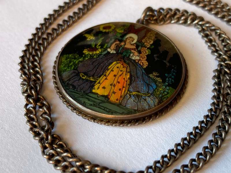 Antique Sterling Silver Butterfly Wing Crinoline Lady Portrait Pendant
