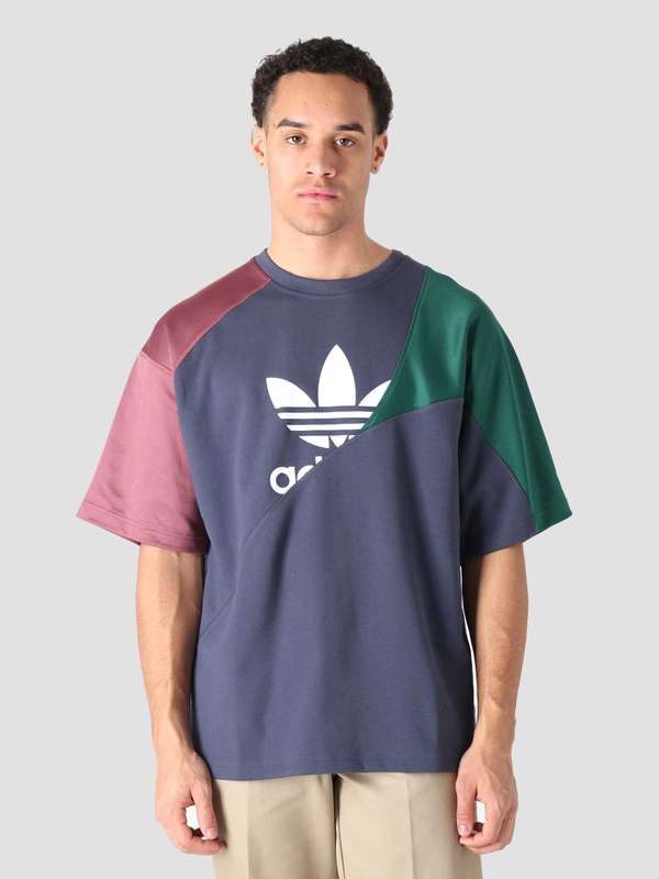 adidas Men`s ADICOLOR COLORBLOCK T SHIRT (LOOSE FIT) Shadow Navy / Burgundy  HC4497 Size Large