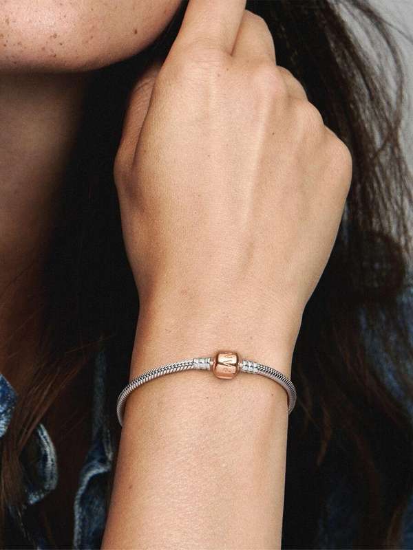 Pandora Retired Two Tone Silver Bracelet With Rose Gold Snap Clasp & Pouch