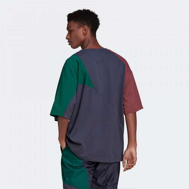 adidas Men`s ADICOLOR COLORBLOCK T SHIRT (LOOSE FIT) Shadow Navy / Burgundy  HC4497 Size Large