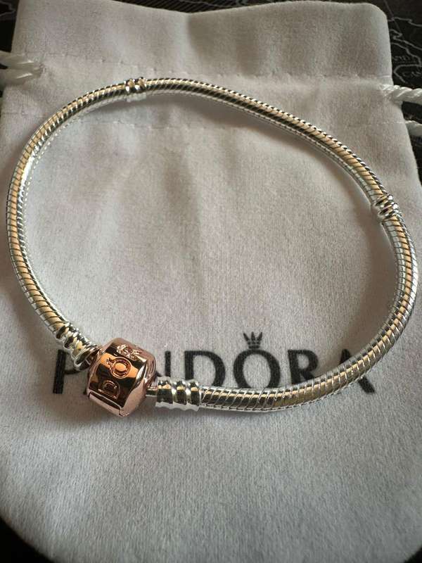 Pandora Retired Two Tone Silver Bracelet With Rose Gold Snap Clasp & Pouch