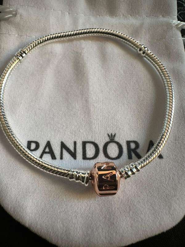 Pandora Retired Two Tone Silver Bracelet With Rose Gold Snap Clasp & Pouch