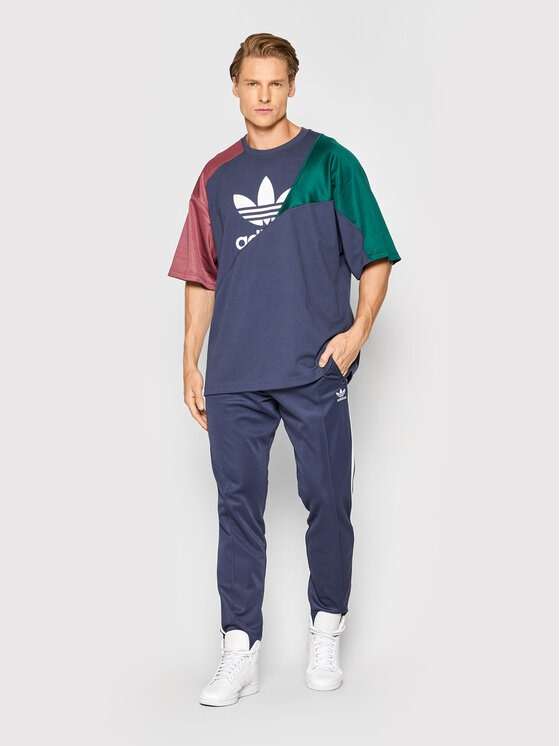adidas Men`s ADICOLOR COLORBLOCK T SHIRT (LOOSE FIT) Shadow Navy / Burgundy  HC4497 Size Large
