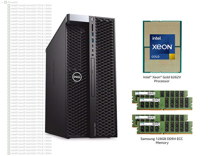 Dell Precision 7820 Workstation, Xeon Gold 6262V 24C 48T, 128GB RAM, 500GB SSD, FirePro W5100 4GB