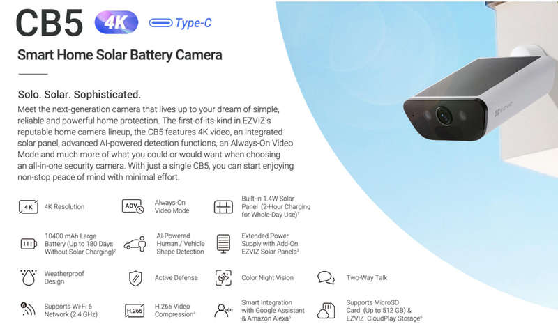 Ezviz CB5 4K Built in Solar Panel Battery AI Human Detection CCTV Camera (UNBOX DEAL)