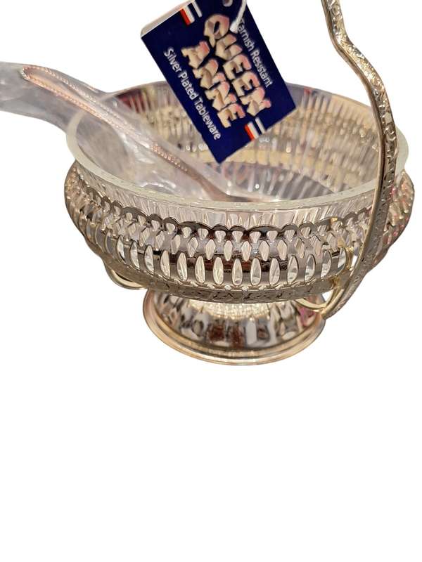 Queen Anne silver plated jam holder with glass dish, never used