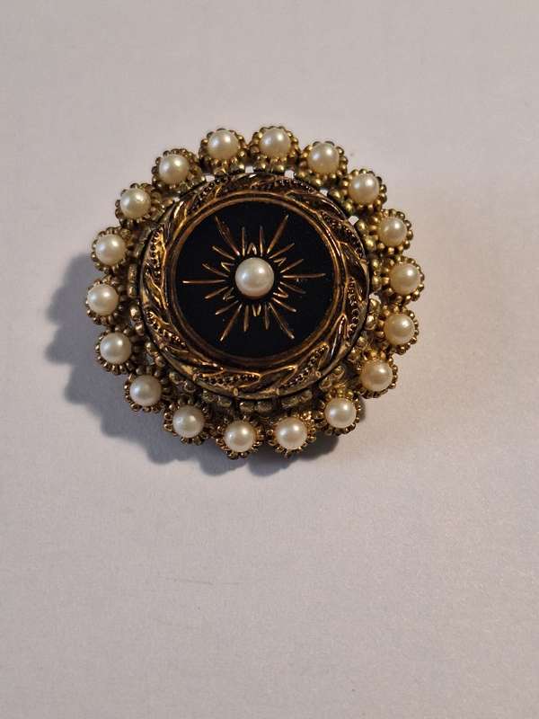Vintage Sphinx faux onyx and faux pearl Victorian Revival mourning brooch