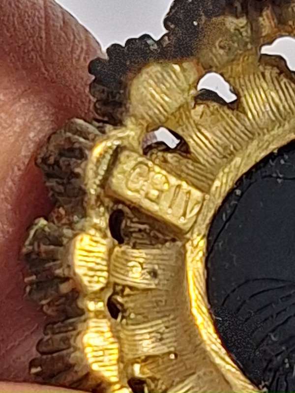 Vintage Sphinx faux onyx and faux pearl Victorian Revival mourning brooch
