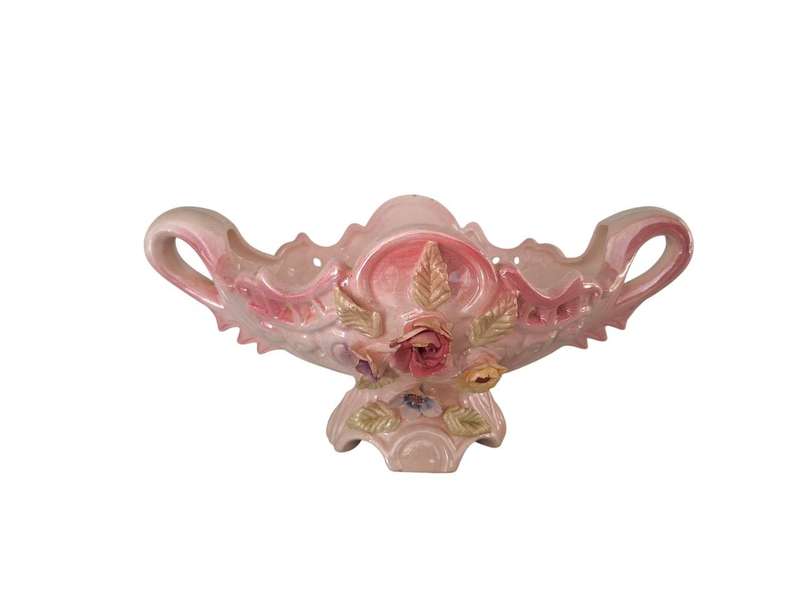 Vintage 1960s Double handled vase, luster glaze with applied flowers, from Taiwan