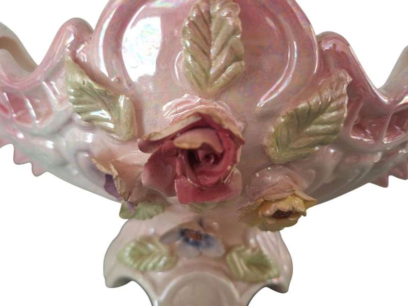 Vintage 1960s Double handled vase, luster glaze with applied flowers, from Taiwan