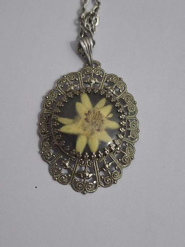 Vintage Pendant, Edelweis dried flower in ornate frame