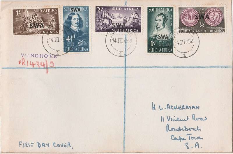 South West Africa 1952 Registered FDC Landing of Van Riebeeck As scan