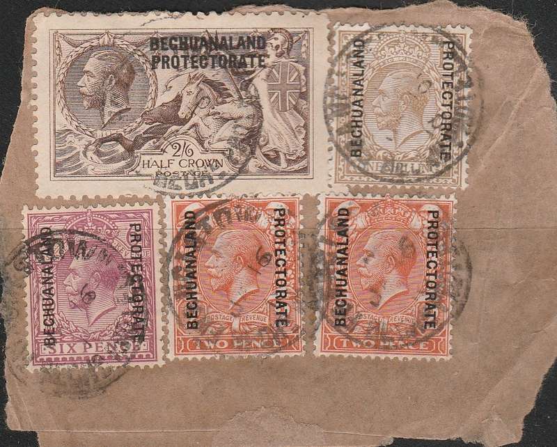 Bechuanaland 5 overprinted British Stamps on piece posted Francistown 1916 as scan and description