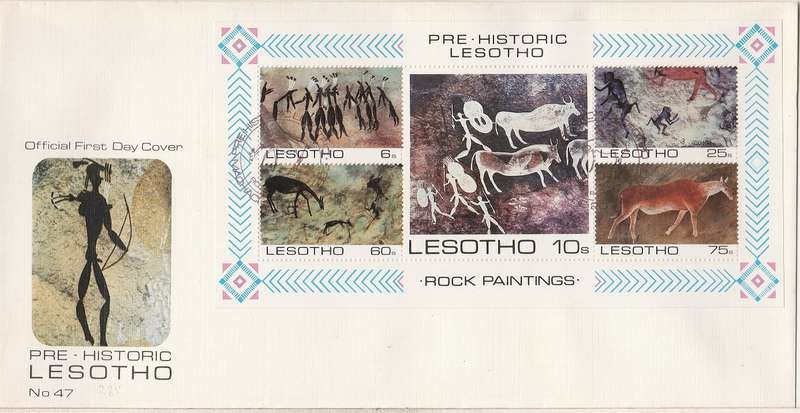 Lesotho combo." Rock Paintings"  Stamps FDC + Min Sheet FDC + 4 maxi cards FDI as scans