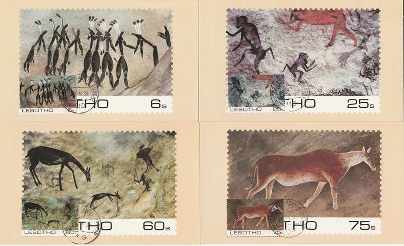 Lesotho combo." Rock Paintings"  Stamps FDC + Min Sheet FDC + 4 maxi cards FDI as scans