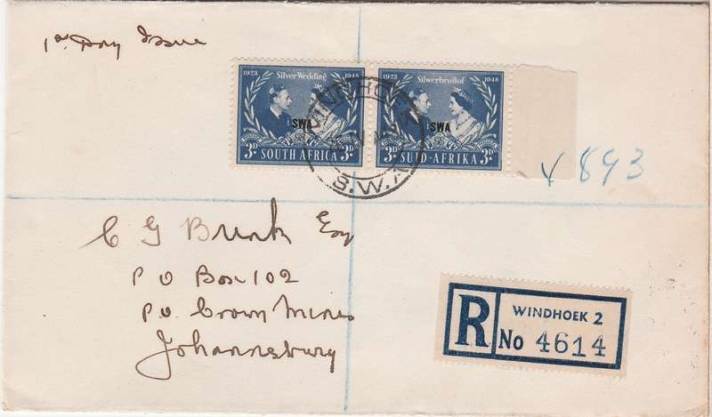 South West Africa 1948 Registered FDC Silver Wedding As scan
