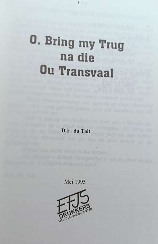 O Bring My Trug na die ou Transvaal - D.F. du Toit - Softcover - 157 pages