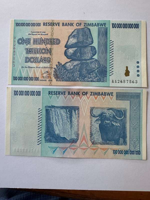 100 trillion zimbabwe banknote UNC