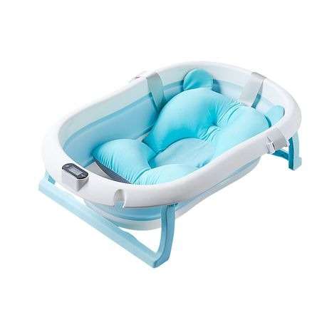 Foldable Bath Tub with Shower Holder, Pillow Pad and built-in Thermometer Blue