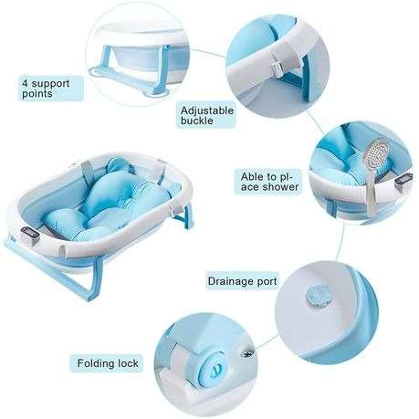 Foldable Bath Tub with Shower Holder, Pillow Pad and built-in Thermometer Blue