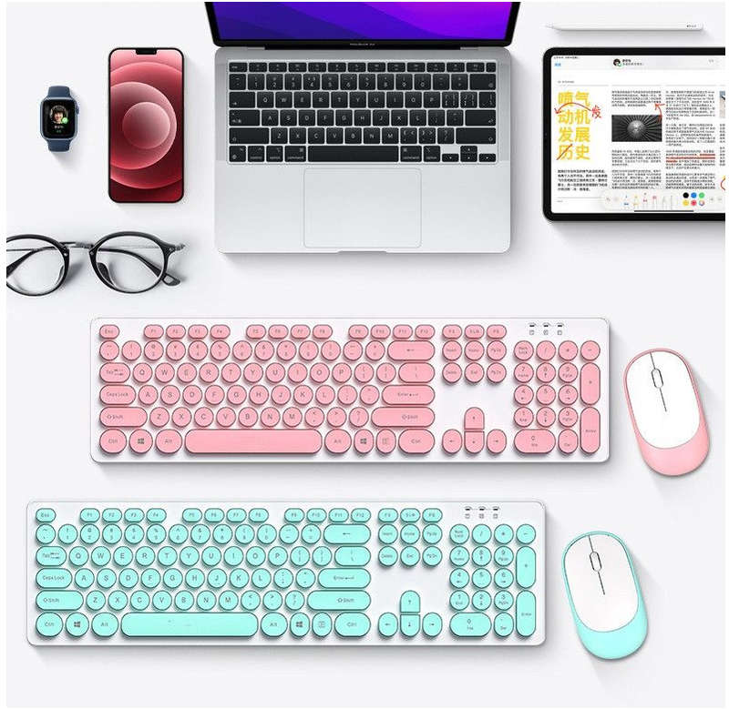Round Keycap Punk Style Crystal Glare Wireless Keyboard & Mouse---Green