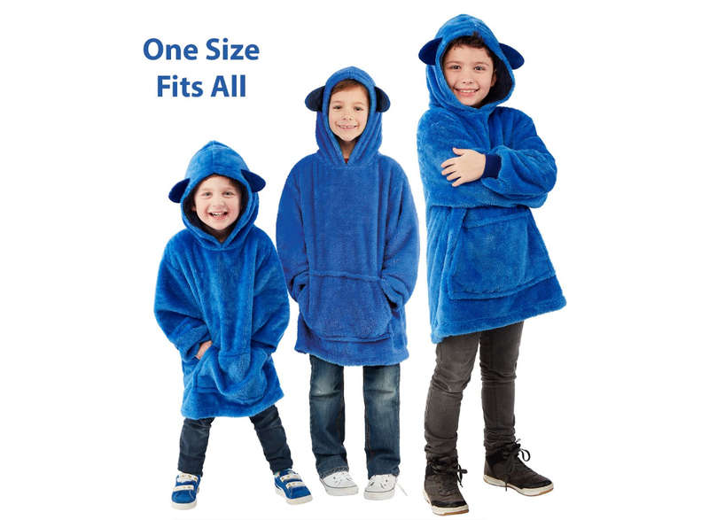 Kids Cuddly Plush Animal Pet Converts To Fun Hoodie Winter Sweater Jersey - Blue