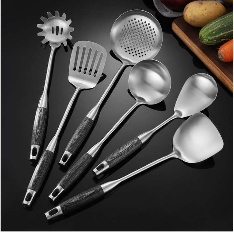 Set of 6-Chef Choice Stainless Steel Kitchen Utensil Set with Wooden Handle