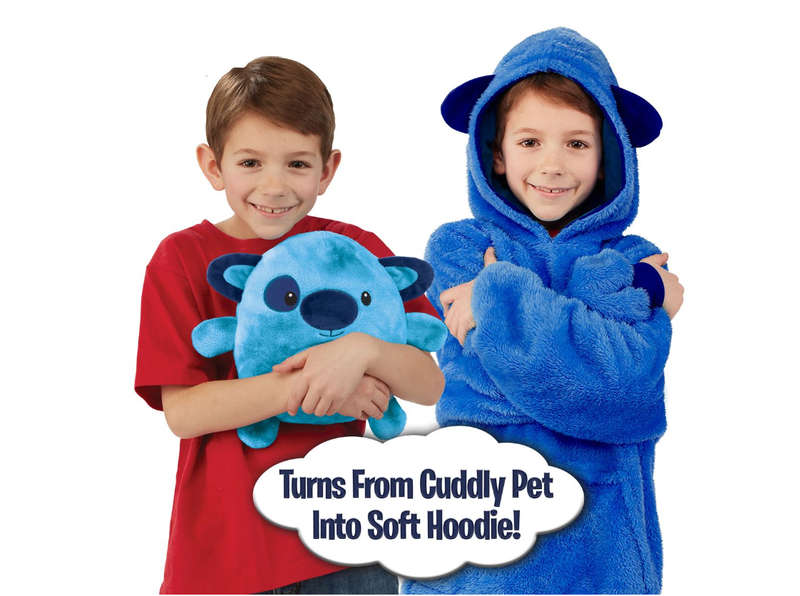 Kids Cuddly Plush Animal Pet Converts To Fun Hoodie Winter Sweater Jersey - Blue