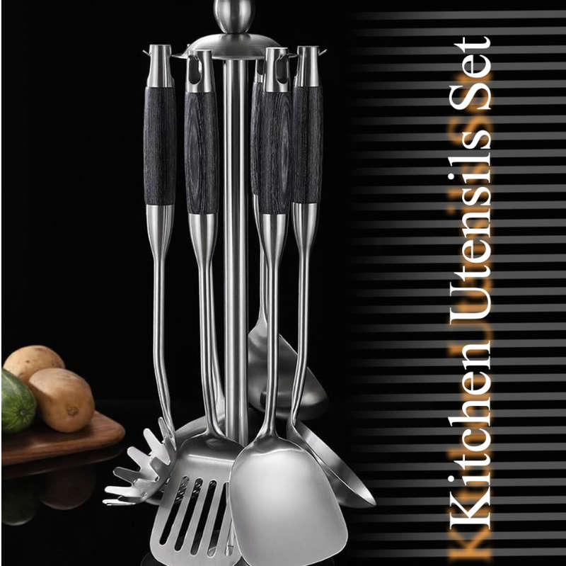Set of 6-Chef Choice Stainless Steel Kitchen Utensil Set with Wooden Handle