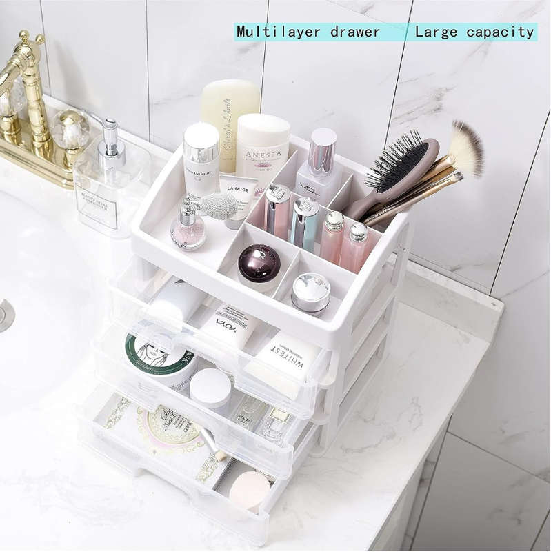 White Clear Makeup Organiser with 3 Drawers & Lipstick Slot Cosmetic Box