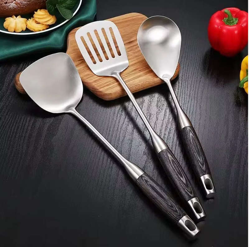 Set of 6-Chef Choice Stainless Steel Kitchen Utensil Set with Wooden Handle