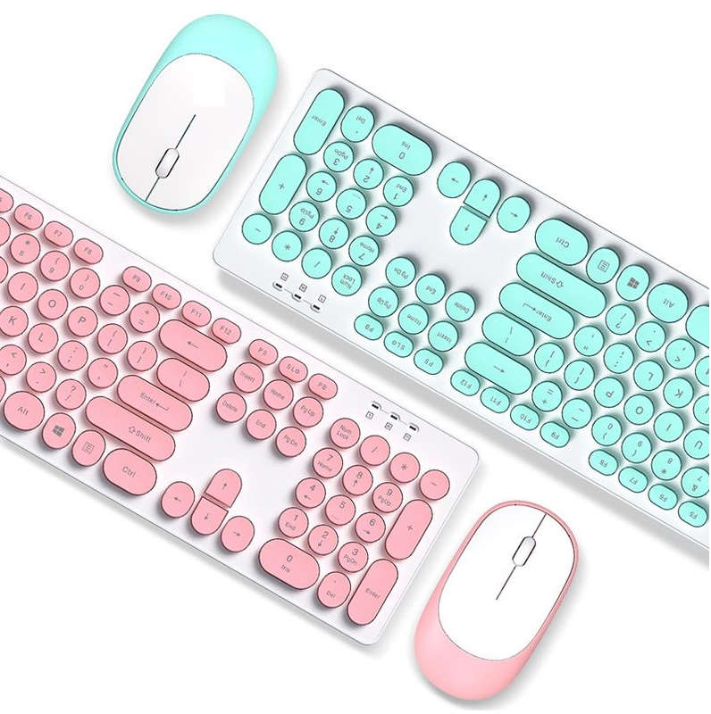 Round Keycap Punk Style Crystal Glare Wireless Keyboard & Mouse---Pink