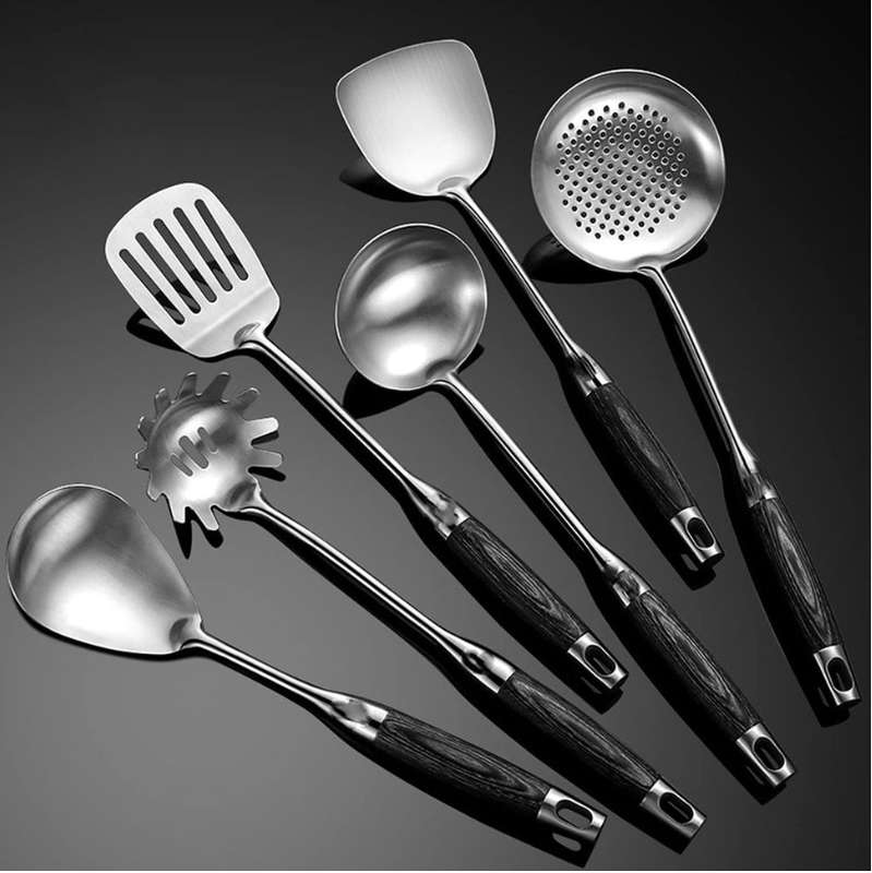 Set of 6-Chef Choice Stainless Steel Kitchen Utensil Set with Wooden Handle