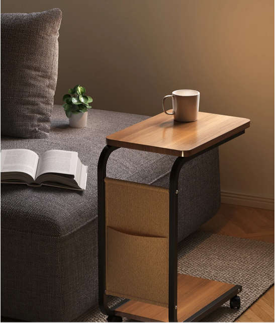 Multi-Functional C-Shaped End Bedside Table with 4 Wheels