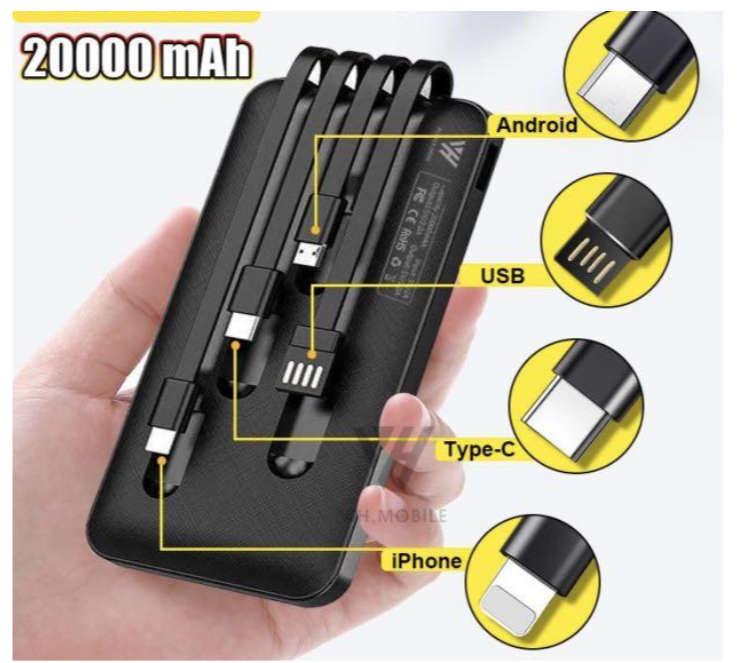 20000mAh Powerbank Portable 4 Output Built In Cable Power Bank Fast Charge