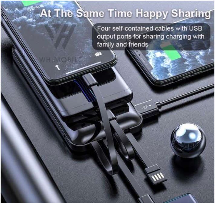 20000mAh Powerbank Portable 4 Output Built In Cable Power Bank Fast Charge