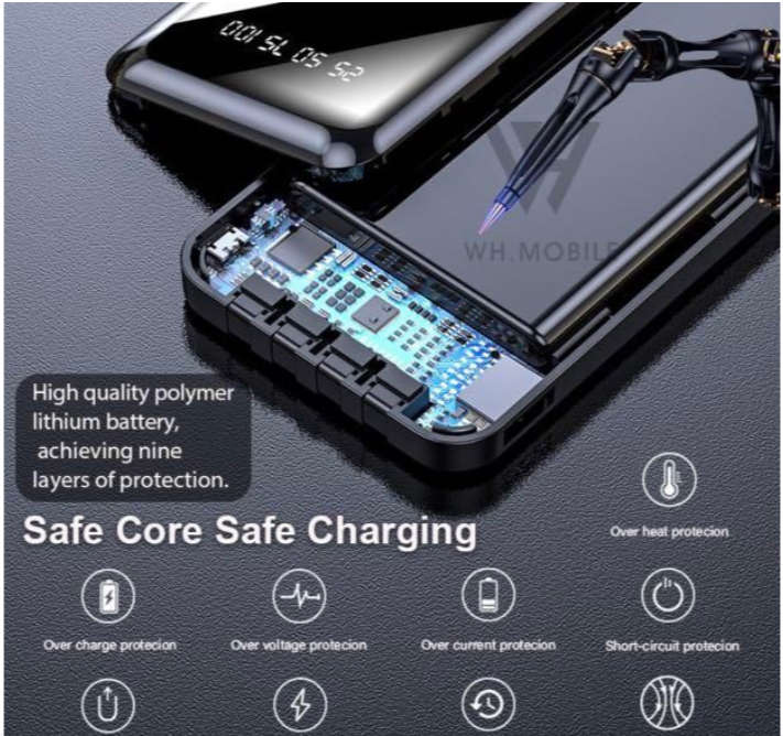 20000mAh Powerbank Portable 4 Output Built In Cable Power Bank Fast Charge