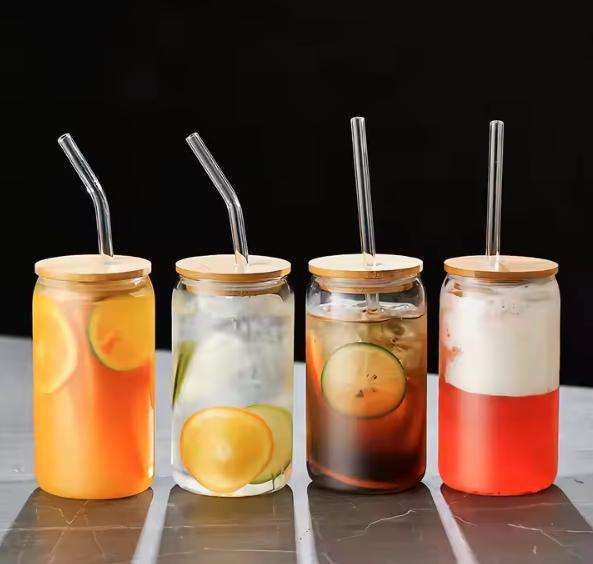 Beer Coffee Milk Glass Cup With Bamboo Lid and Straw