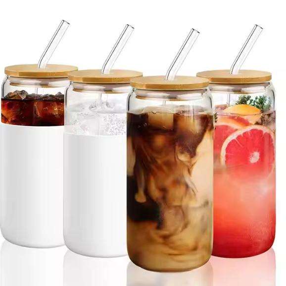 Beer Coffee Milk Glass Cup With Bamboo Lid and Straw