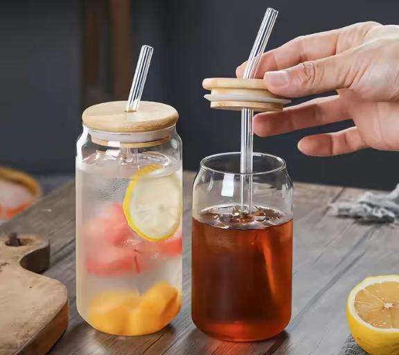Beer Coffee Milk Glass Cup With Bamboo Lid and Straw