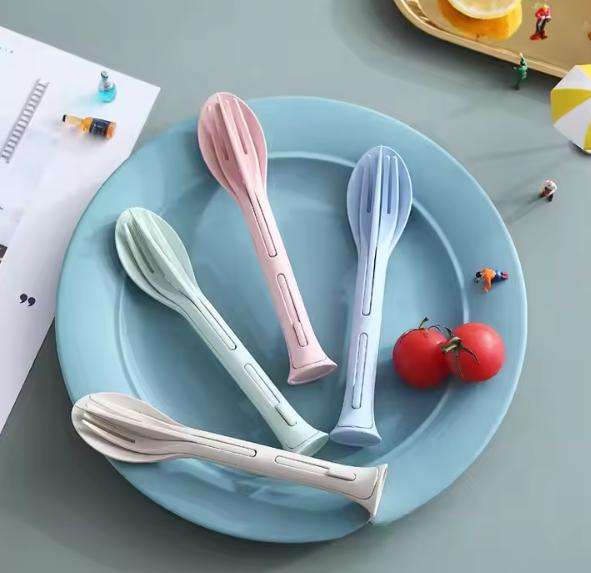 Daily Portable Picnic Travel Camping 3 in 1 Knife Fork Spoon Wheat Straw Flatware Set