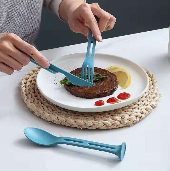 Daily Portable Picnic Travel Camping 3 in 1 Knife Fork Spoon Wheat Straw Flatware Set