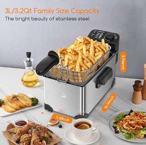 Deep Fryer Ss Housing 3L Deep Fryer 2000W Adjustable Thermostat Removable Deep Frying