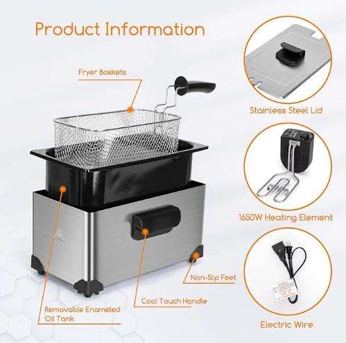 Deep Fryer Ss Housing 3L Deep Fryer 2000W Adjustable Thermostat Removable Deep Frying