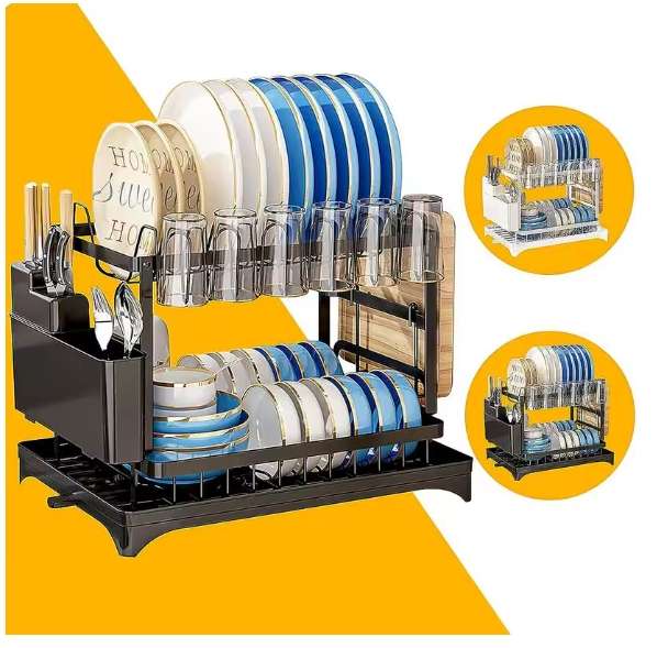 Kitchen countertop dish rack 2 layers with drain board stainless steel dish drain rack