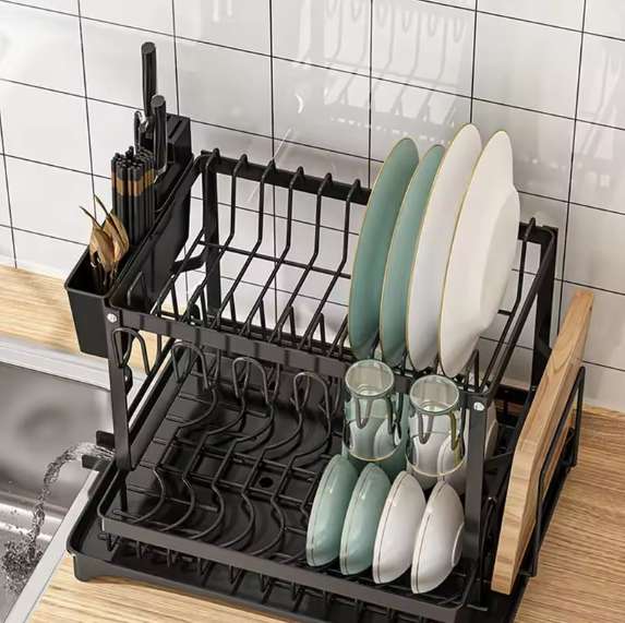 Kitchen countertop dish rack 2 layers with drain board stainless steel dish drain rack